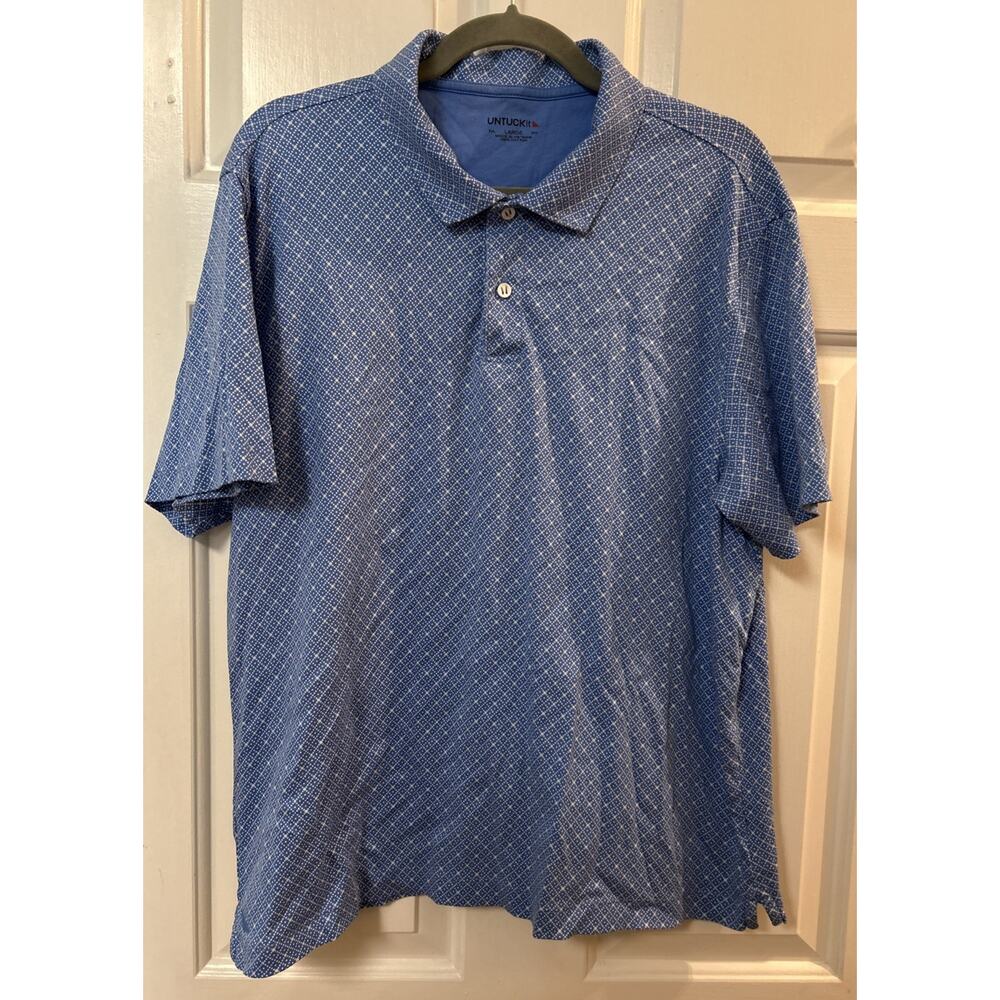 Men’s UNTUCKit Blue/White Graphic Short Sleeve Polo Shirt Size L *C3